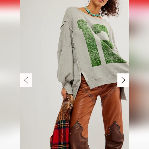 NWT FREE PEOPLE Camden Graphic "12" Gray Green We The Free Pullover - Picture 5 of 6